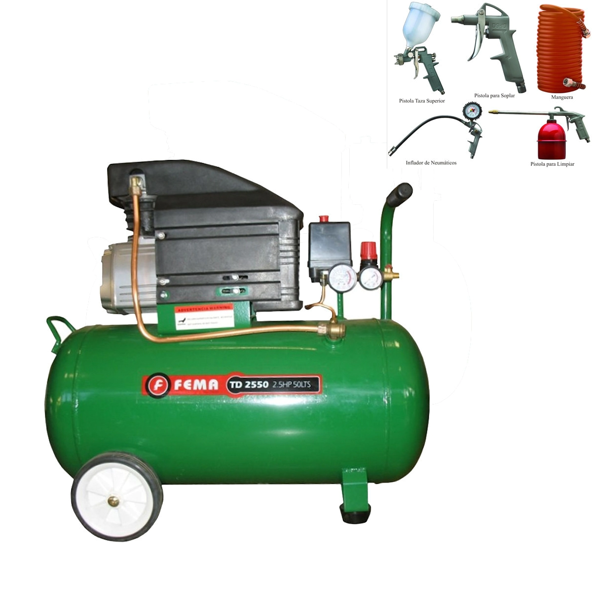 (FE) COMPRESOR FEMA 2,5 HP X 50 LT 220 V + KIT 5 PZ