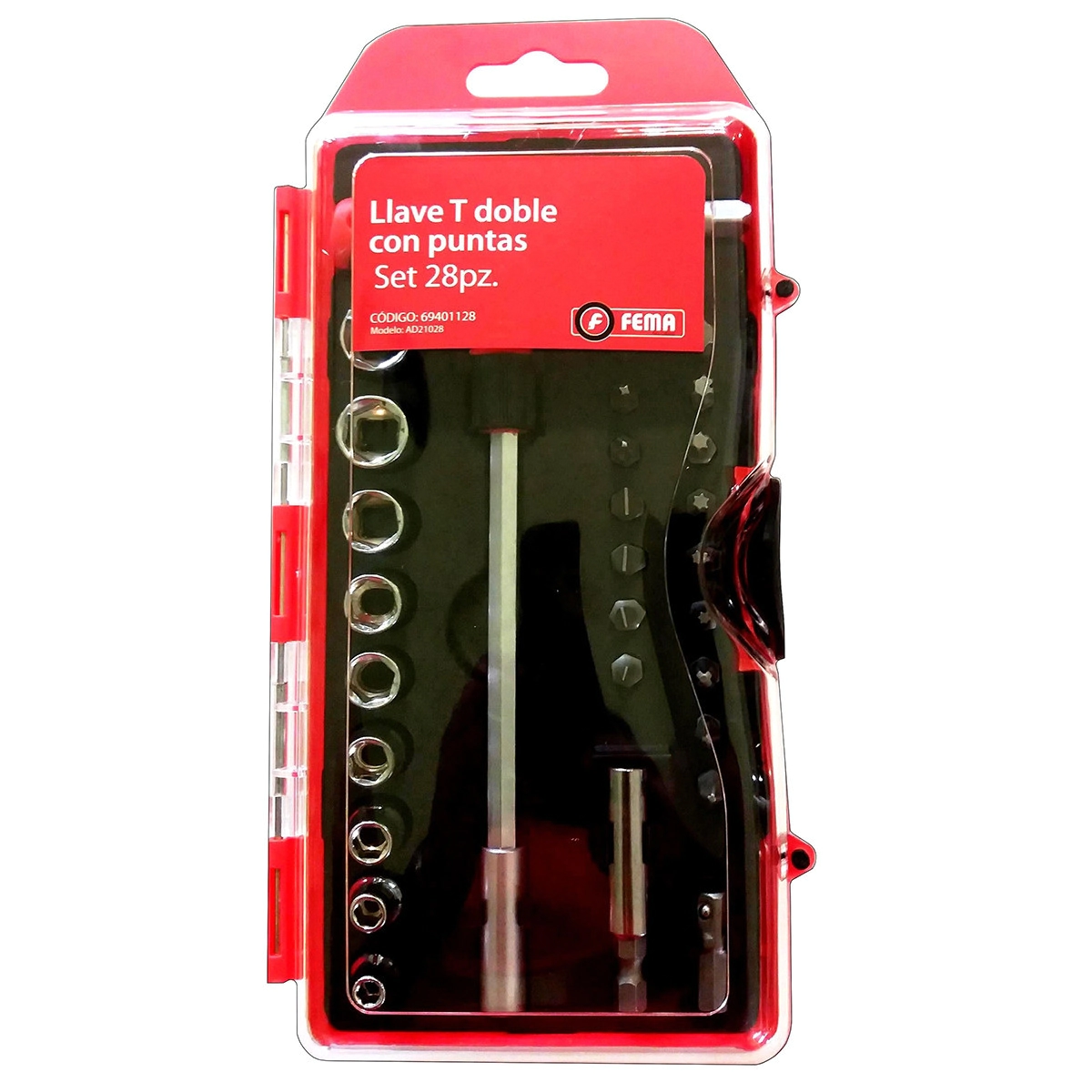 (FE) LLAVE T CON PUNTAS 28 PZ. PUNTAS 25MM 69401128