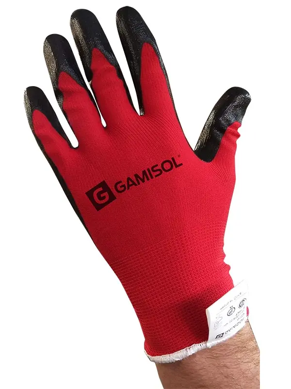 (GAM) GUANTES NEGRO Y ROJO G13 POLIESTER BAÑO NITRILO TALLE 10
